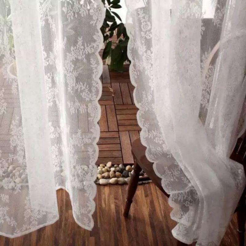 2pcs White Lace Mesh Curtain Embroidered Translucent Gauze Curtain Rod-pocket/Velcro
