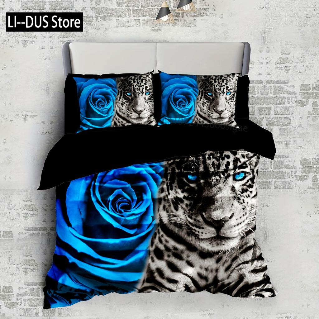 3-Piece Luxurious Leopard Romantic Rose Print Duvet Cover Set - Soft Comfortable And Hypoallergenic Bedding For Bedroom Guest