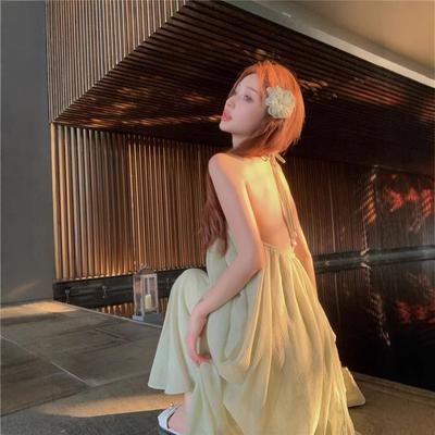 Spice Girl Sexy Backless Neck Suspender Dress Women's Summer Vacation Green Long Dress Sleeveless Loose a Word Skirt