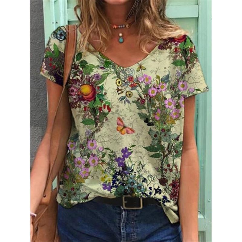 Ladies' Casual Summer Pullover V-neck T-shirt with Floral 3D Printing Short Sleeved Loose Women's Top T-Shirts Women’s