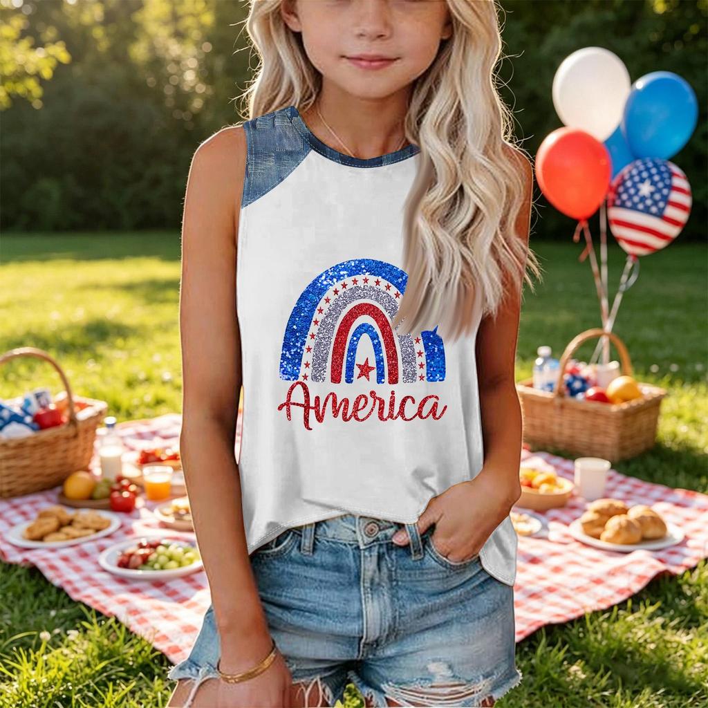 Girls Sleeveless Tank Top Loose Fit Round Neck T Shirt Independence Day Denim Print Casual Summer Tee for Kids