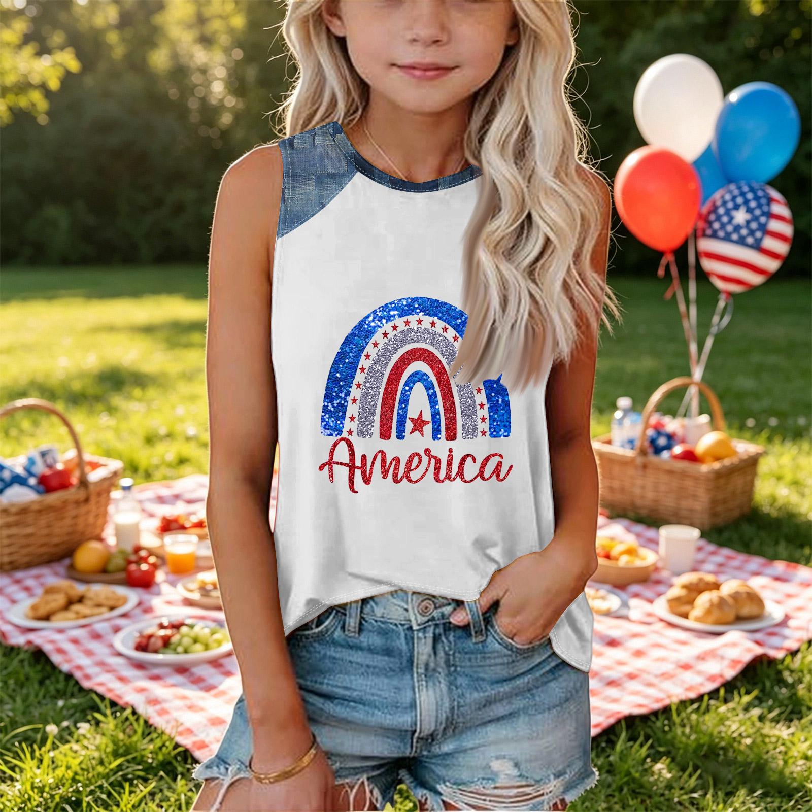 

Girls Sleeveless Tank Top Loose Fit Round Neck T Shirt Independence Day Denim Print Casual Summer Tee for Kids 140 белый