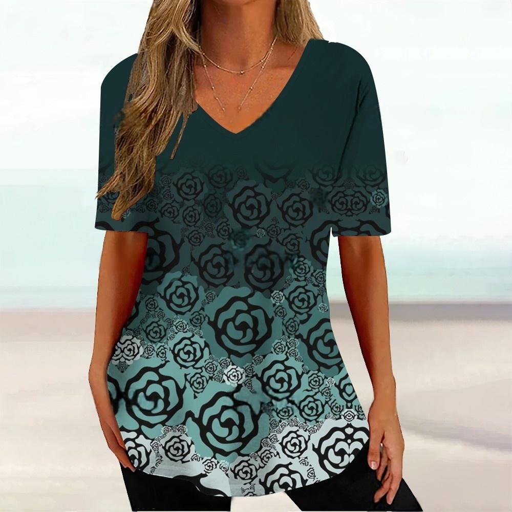 Letni top z dekoltem w serek z nadrukiem 3D w gradientowy wzór Modne codzienne damskie T-shirty z krótkim rękawem