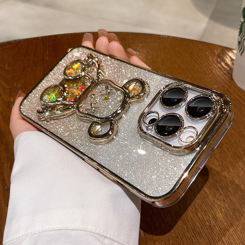 Applicable iPhone17PROMAX mobile phone case electroplating three-dimensional quicksand violent bear Apple 16 gradual change glitter all-inclusive