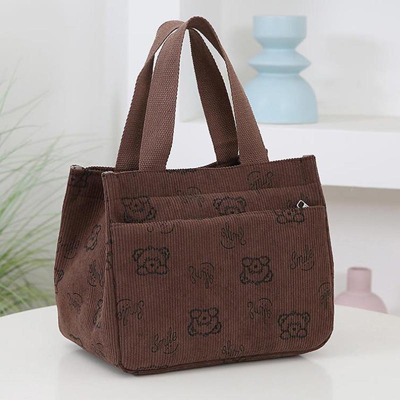 Cute Cartoon Printed Corduroy Versatile Handbag Office Worker Lunch Bento Tote Bag