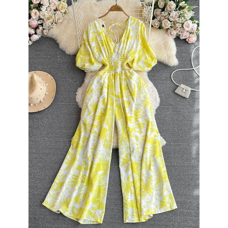 Gentle Bubble V-neck Casual High Waist Print Short Sleeve