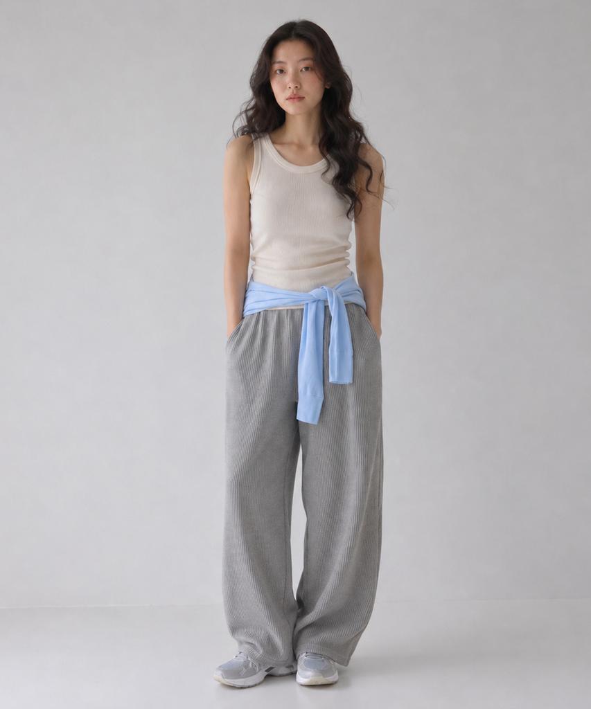 Sayu Soft Waffle Curved Elastic Waist Pants Melange Gray