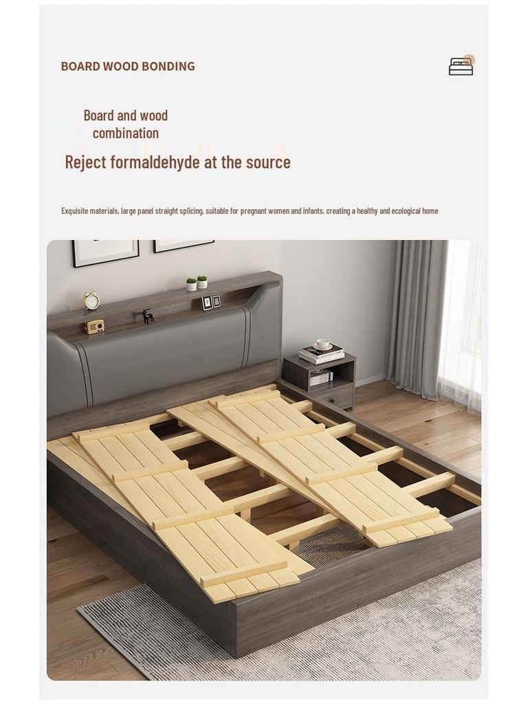 Modern Minimalist Solid Wood Panel Bed - Double (1.8m) or Single (1.2m) for Master Bedroom or Rental Room