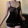 European and American Sexy Hot Girl Style Leopard Print Color-Blocking A-Line Tank Top, Pure Desire Style, Slim Fit, Lace-Up Lace Camisole Top
