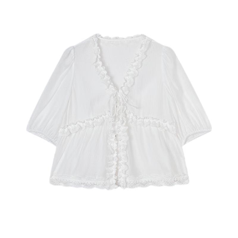 Women s V-Neck Lantern Sleeve Lace Cardigan Blouse L