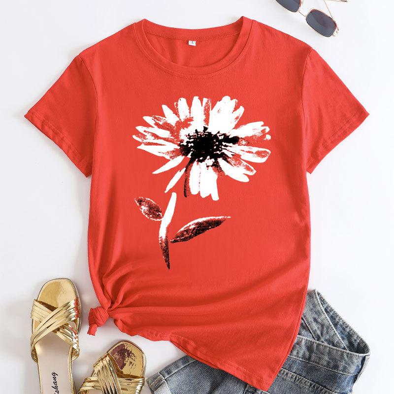 Summer Round Neck Floral Print Top Fashionable Casual Short Sleeved Women's Pure Cotton T-shirt
