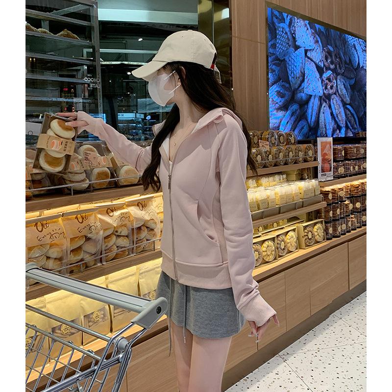 Pink Early Autumn Sweatshirt Jacket for Women Spring and Autumn Zipper Cardigan Slim Short Yoga Suit Active Top Thin Hood S