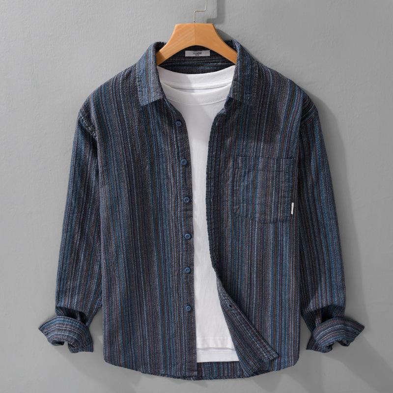 Spring Fall Japanese Vintage Striped Long Sleeve Shirt Men Street Style New Fashion Men Tops Lapel Collar Pocket Men's Casual Shirt