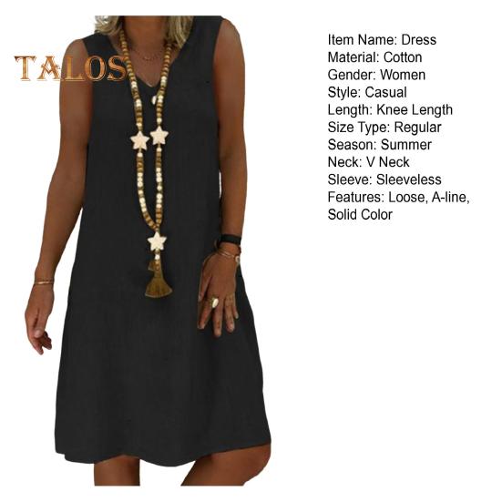 Lady Summer Dress Sleeveless V Neck A-line Solid Color Knee Length Midi Dress Pullover Vest Type Vacation Beach Dress