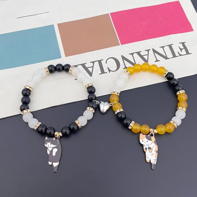 

Matching Magnetic Cat Pendant Couple Bracelets Set 2Pcs Adjustable Jewelry for Lovers Best Friend Romantic Gifts