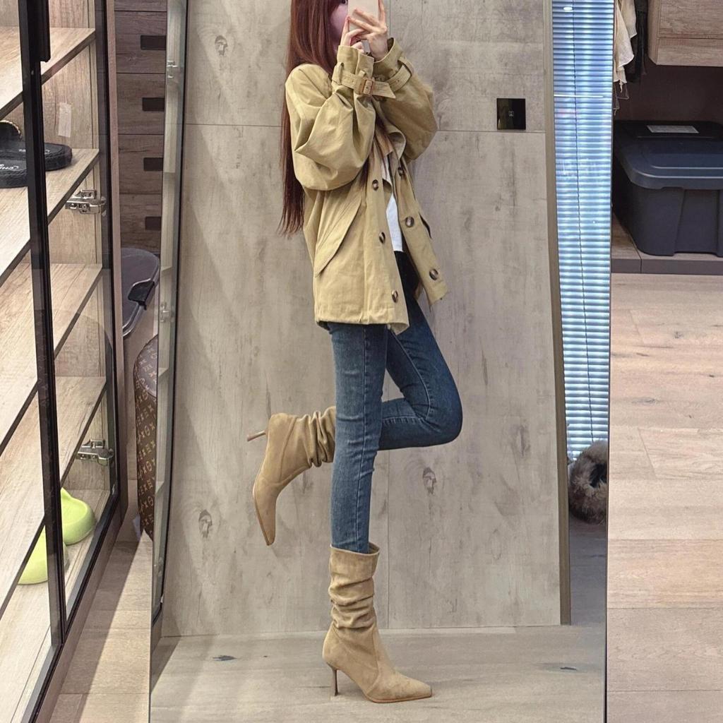 Boots for Women 2026 New Pointed Short Boots High Heels Look Skinny Mid Barrel Stacked Boots