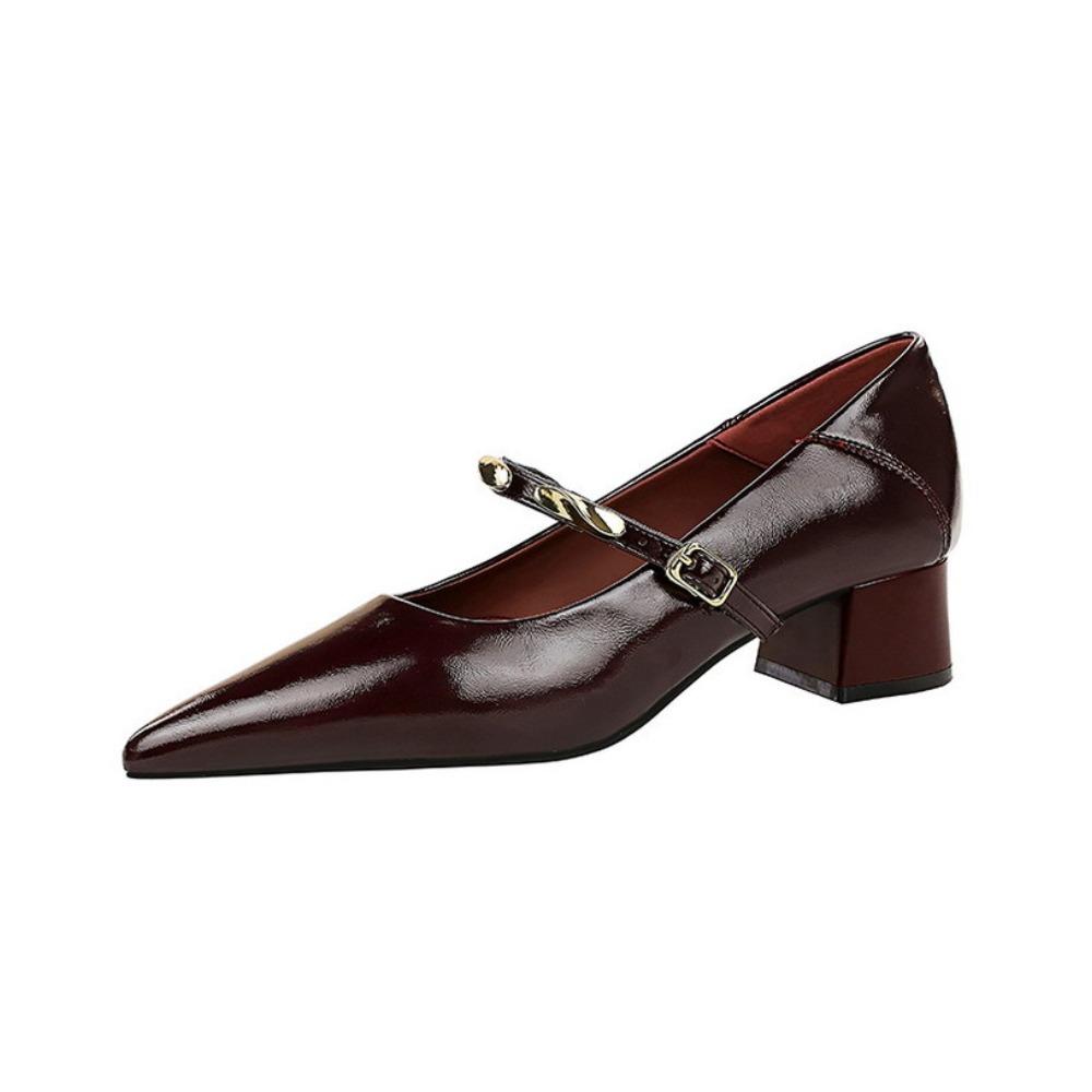 Korean Retro Patent Leather Pumps, Pointed Toe Buckle Design Block Heel Shoes, Simple Comfortable Mid Heel Daily Casual Office Dress Shoes for Women