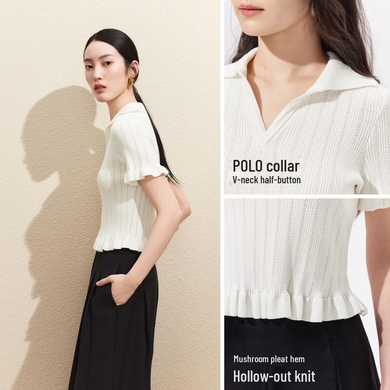 VEROMODA Women's Ribbed Ruffle Lapel Knit Short Top