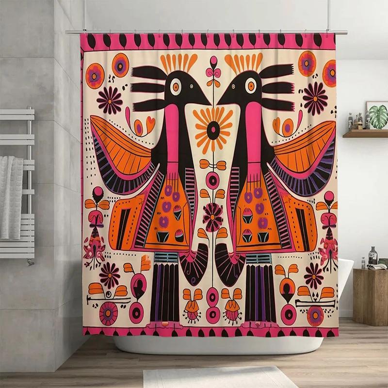 

Vibrant Folk Art Shower Curtain - Colorful Bird & Floral Designs for Unique Bathroom Décor, Waterproof, Easy Care & Joyful 90x180cm