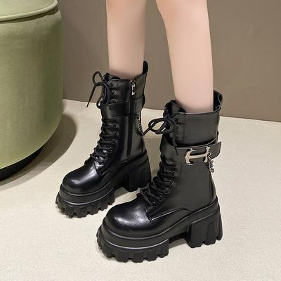 Fashion 9CMChunky Platform Mid-Calf Boots Women New Autumn Winter Motorcycle Boots Woman Thick Bottom Non Slip Leather Combat Boots