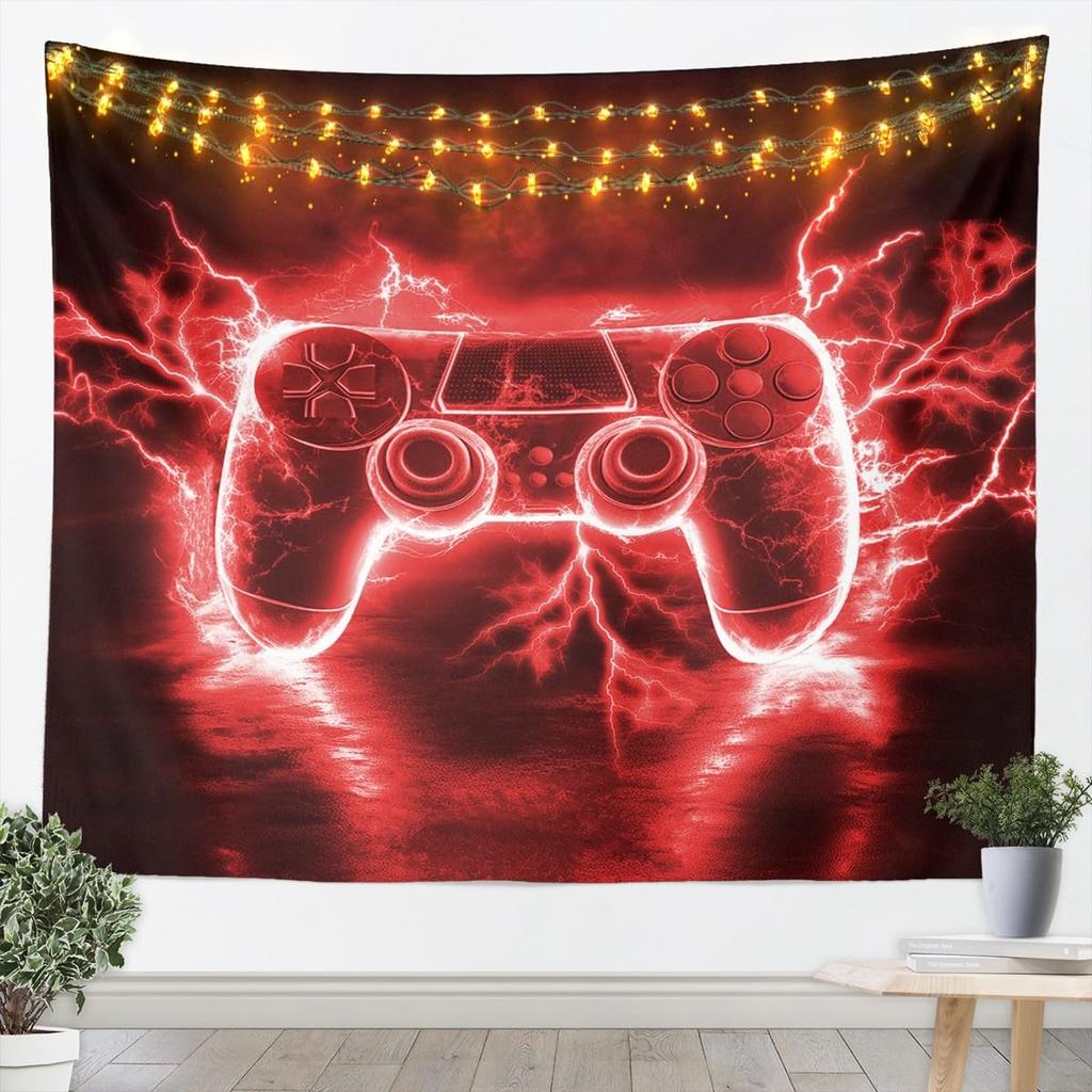 Flame Gaming Controller Tapestry, Black Background with Colorful Controller Pattern for Boys' Bedroom and Gamer Room Decor