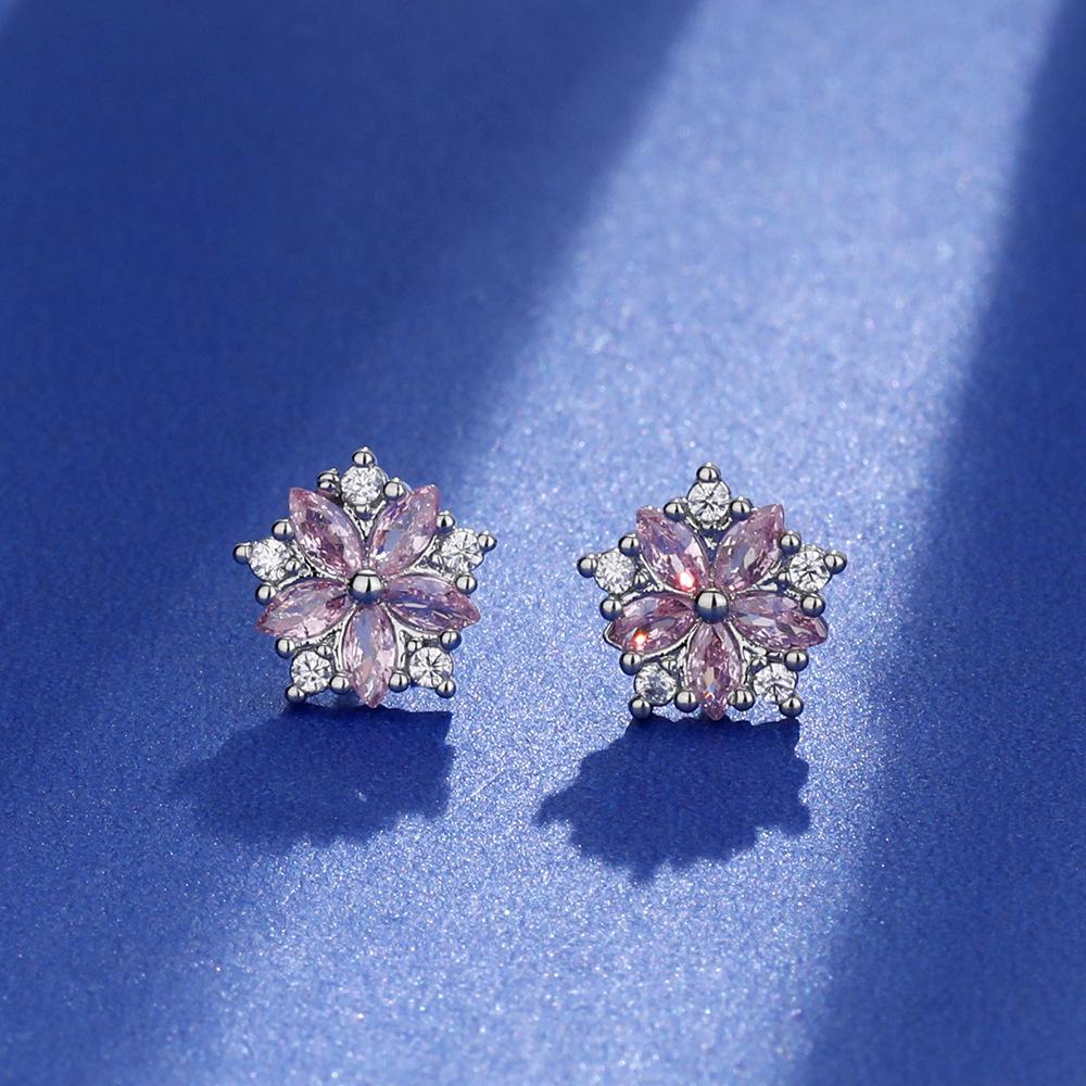 Korean Style Silver Needle Horse Eye Pink Cubic Zirconia Flower Stud Earrings