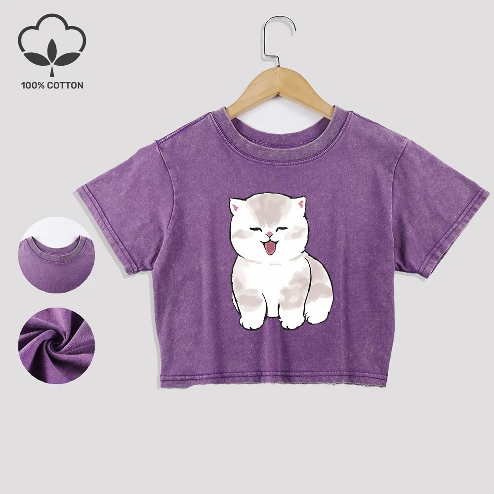 Kawaii Kočka Potisk Bavlna Crop Topy Vše-Math Léto Krajkový Lem Prané Trička O-Výstřih Zničená Trička s Krátkým Rukávem Ležérní Oblečení