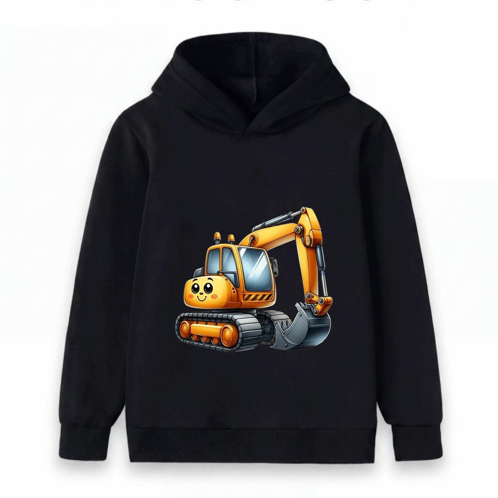 Kids Hooded Sweatshirt Cute Cartoon Excavator Print Casual Long Sleeve Pullover Hoodie for Boys Girls Daily Wear