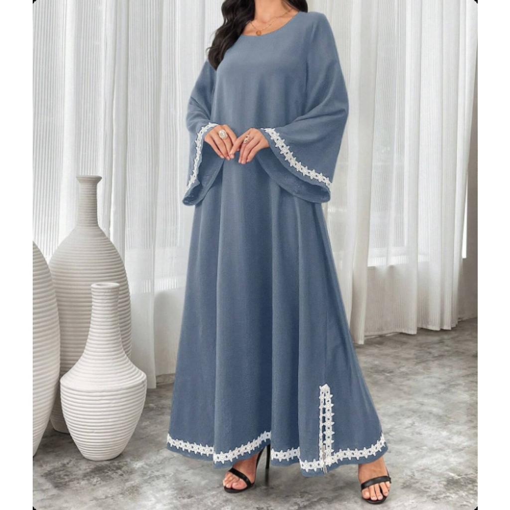 Patchwork White Lace Trim Crew Neck Split Flowy Midi Dress, Popular in Middle East Dubai for Women