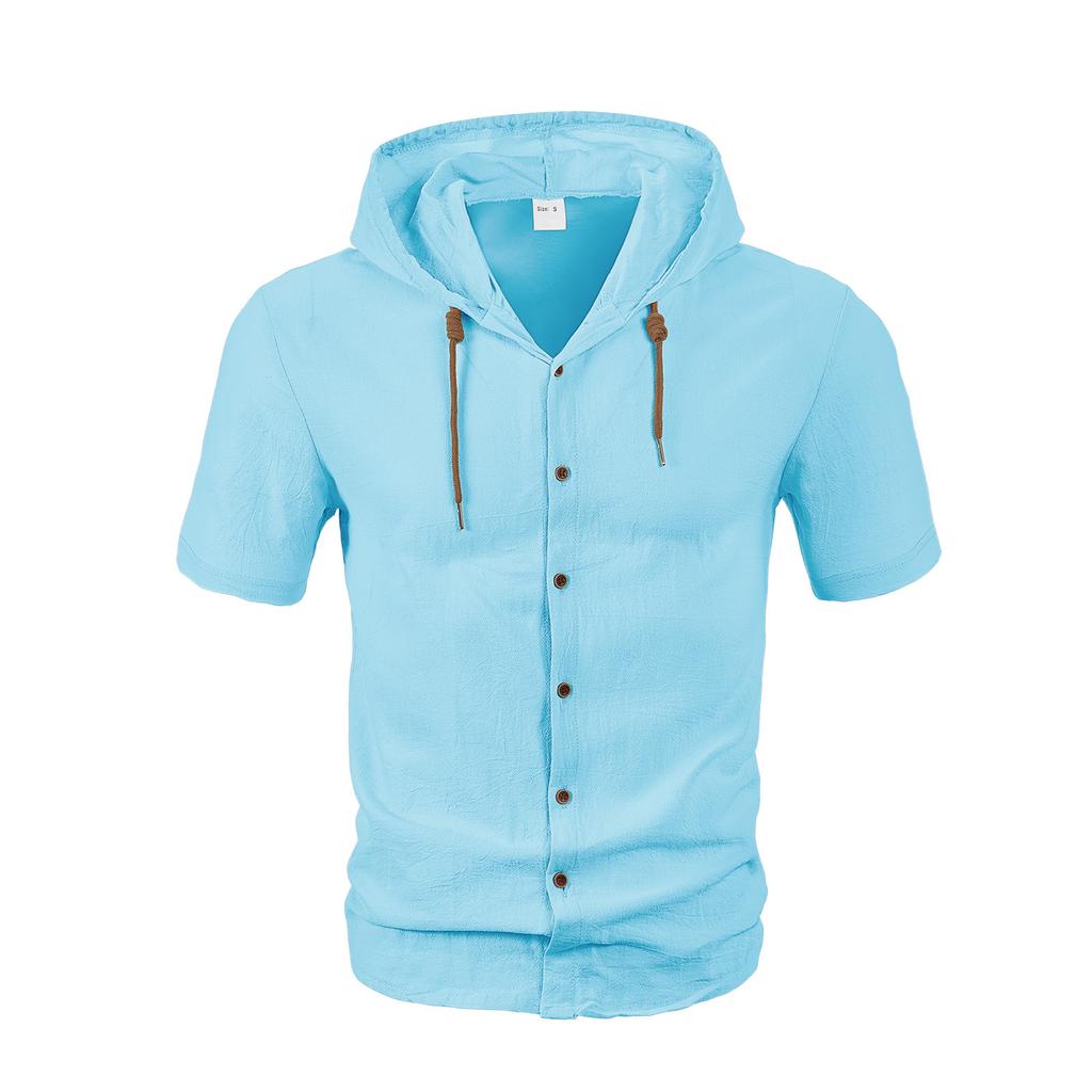 American Linen Men's Shirt, Fashionable and Casual Summer Breathable Thin Hooded Short-sleeved Cardigan Jacket
