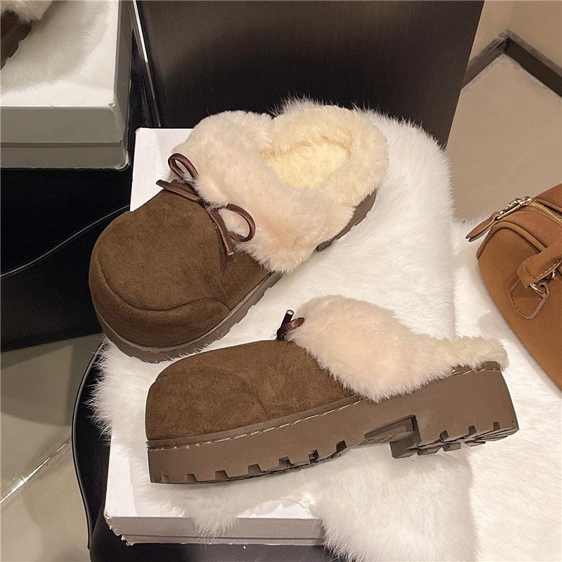 Retro Heightening Shoes Women's Autumn and Winter Outer Wear 2025 New Velvet Warm Bow Bag Head Half Drag Wool Cotton Slippers