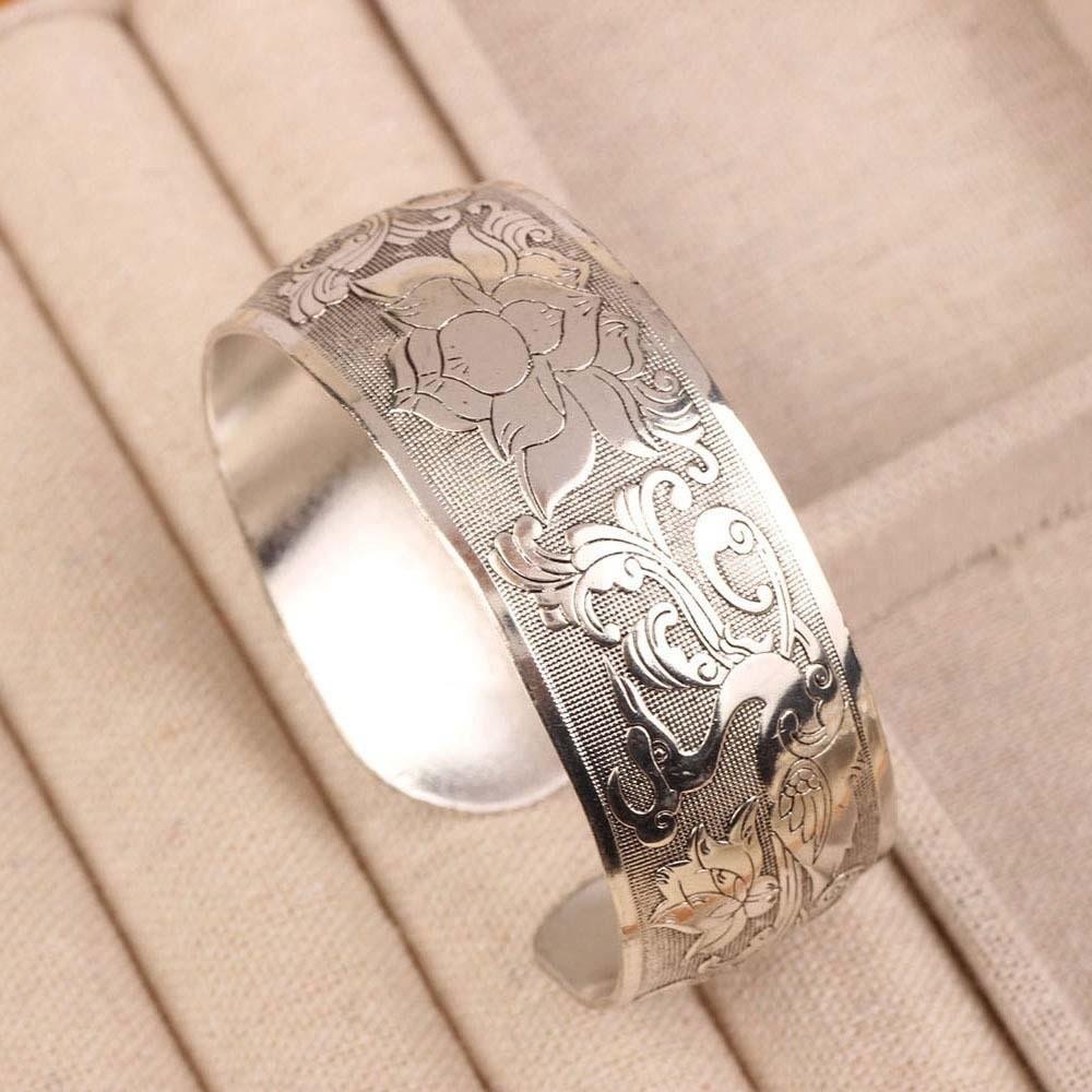 Lotus Silver Opening Bangle Vintage Thai Wrist Jewelry Carved Wide Bracelet Party