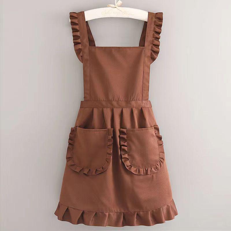 

1PC Lovely Cotton Lace Aprons Waterproof Cross Back Cooking Aprons Large Pockets Home Supplies кавовий