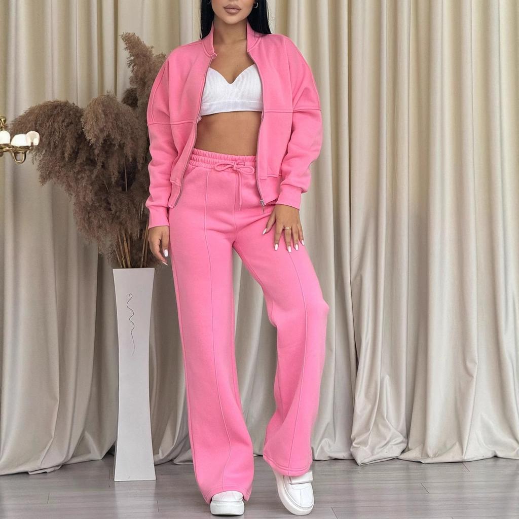 Europe, America, Cross-border, Women's Clothing 2025 New Fashion Casual Suit Solid Color Long-sleeved Sweater Zipper Trousers Two-piece Set