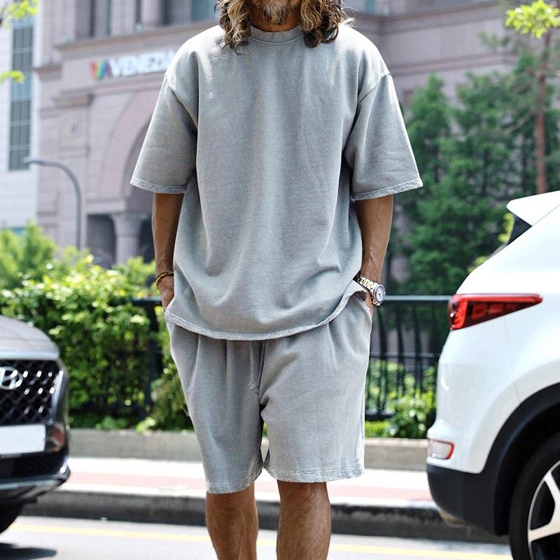 

Men s Oversized Solid T-shirt And Shorts Set Casual Loose Two Piece Outfit M світло-сірого кольору