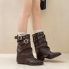 Design Sense American Leather Boots Spice Girl Willow Spike Knight Boots Women's Autumn and Winter Fashion Retro Belt Buckle Thick Heel Pile Boots