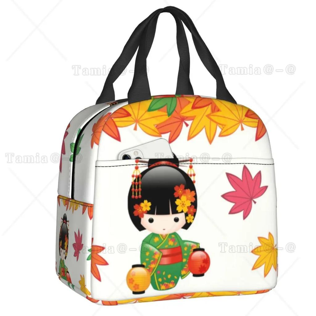 Japanese Red Sakura Kokeshi Doll Insulated Lunch Bag for Women Resuable Cute Girly Cherry Blossom Thermal Cooler Lunch Box