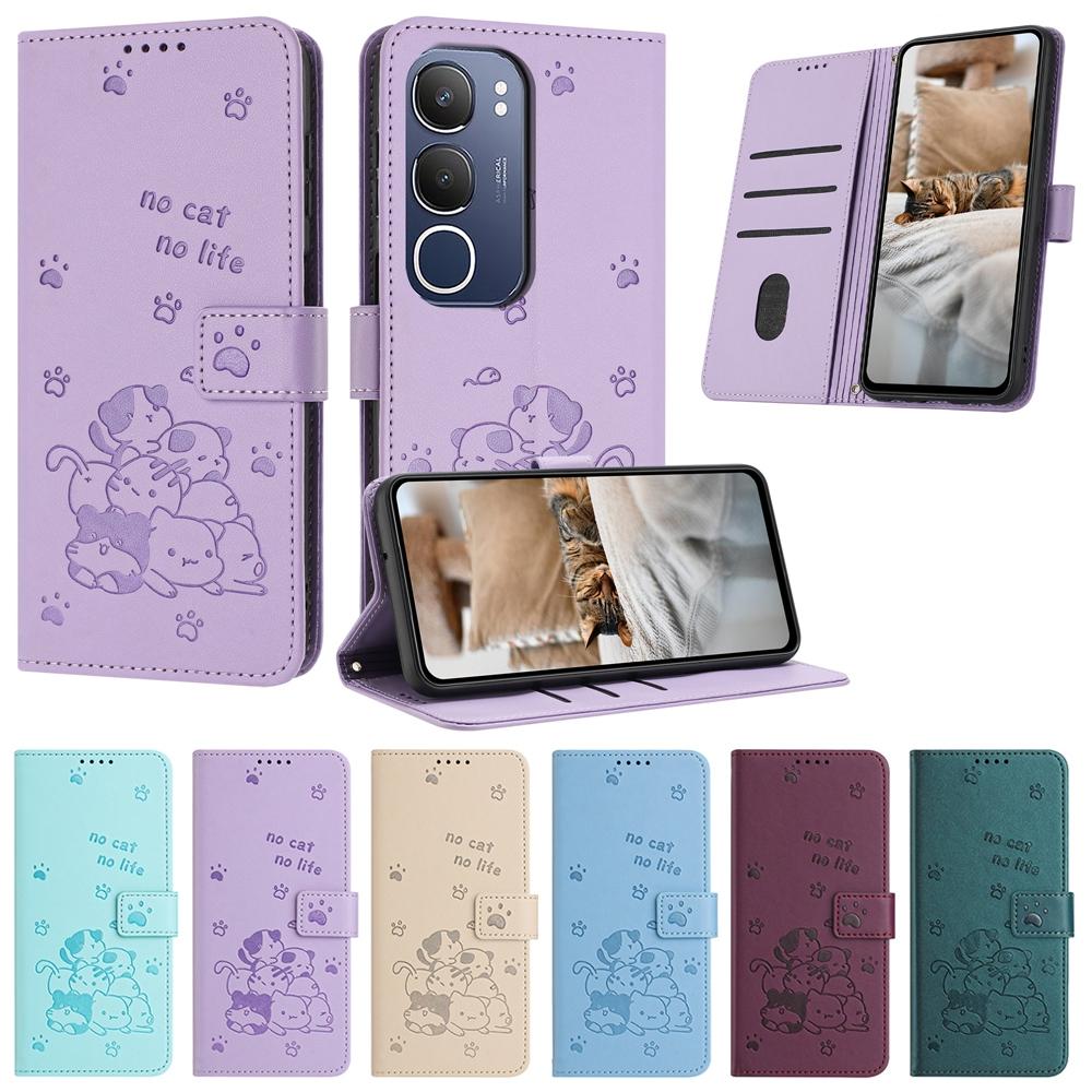 Curte Cat Leather Wallet Cover Case For vivo Y19S Y28 Y36 Y38 Y78 Y100 Y200E Y03 Y18 V30 Lite V40 SE T3X T3 Stand Card Holder