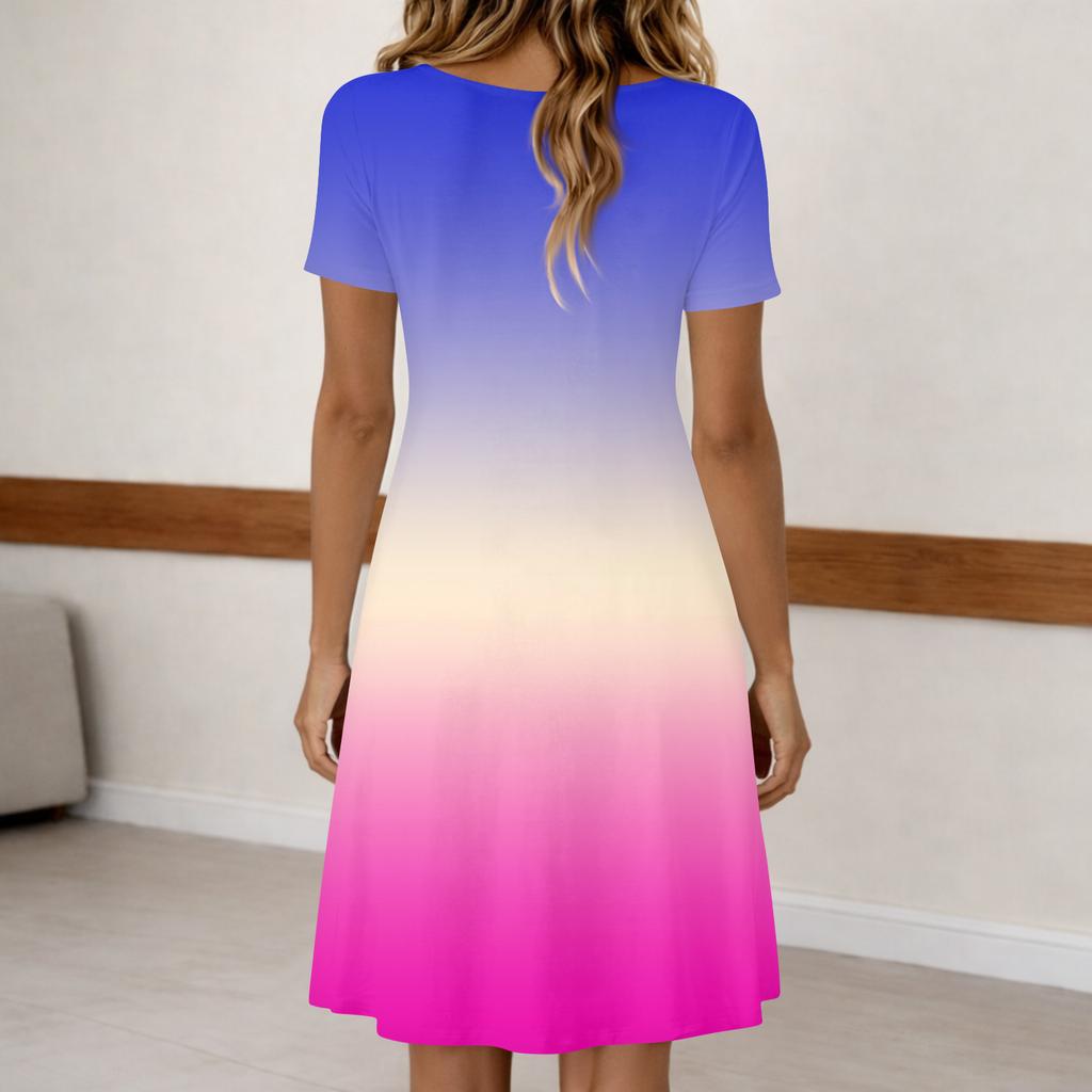 Women's Fashion Gradient Color Printed Round Neck Short Sleeve Button Neck  Casual Dress