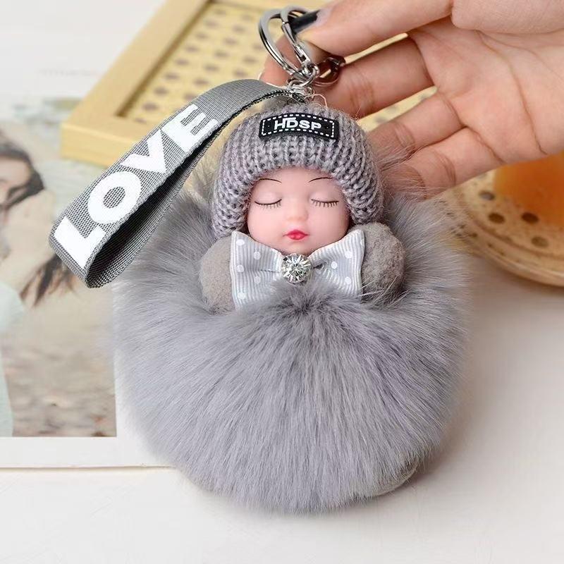 Genuine Fox Fur Sleep Doll Keychain Plush Pom-Pom Accessory
