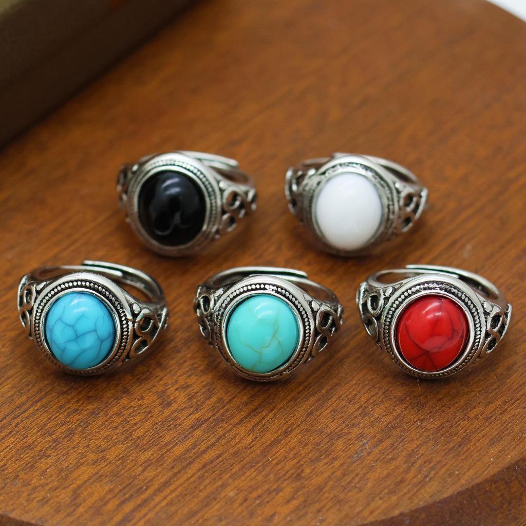 Retro Oval Black Red Chalcedony Unisex Adjustable Ethnic Ring