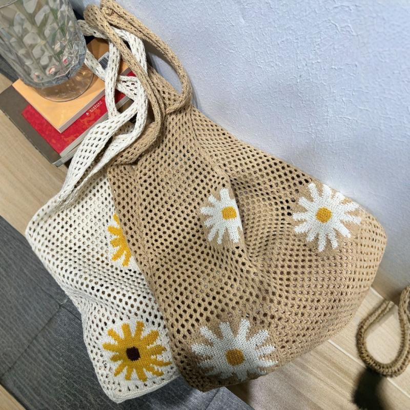 Shoulder Bag For Women Spring Summer Flowers Print Knitted Tote Bag Lightweight Travel Crochet Bag Flower Shopper Bag