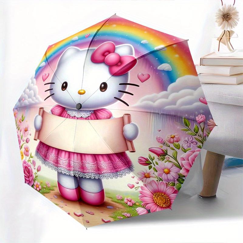 Hello Kitty,Rainbow Garden Automatic Folding Umbrella-Simple 8-Rib Design, Bright Cartoon Pattern, Durable Iron Frame, Suitable For Travel,
