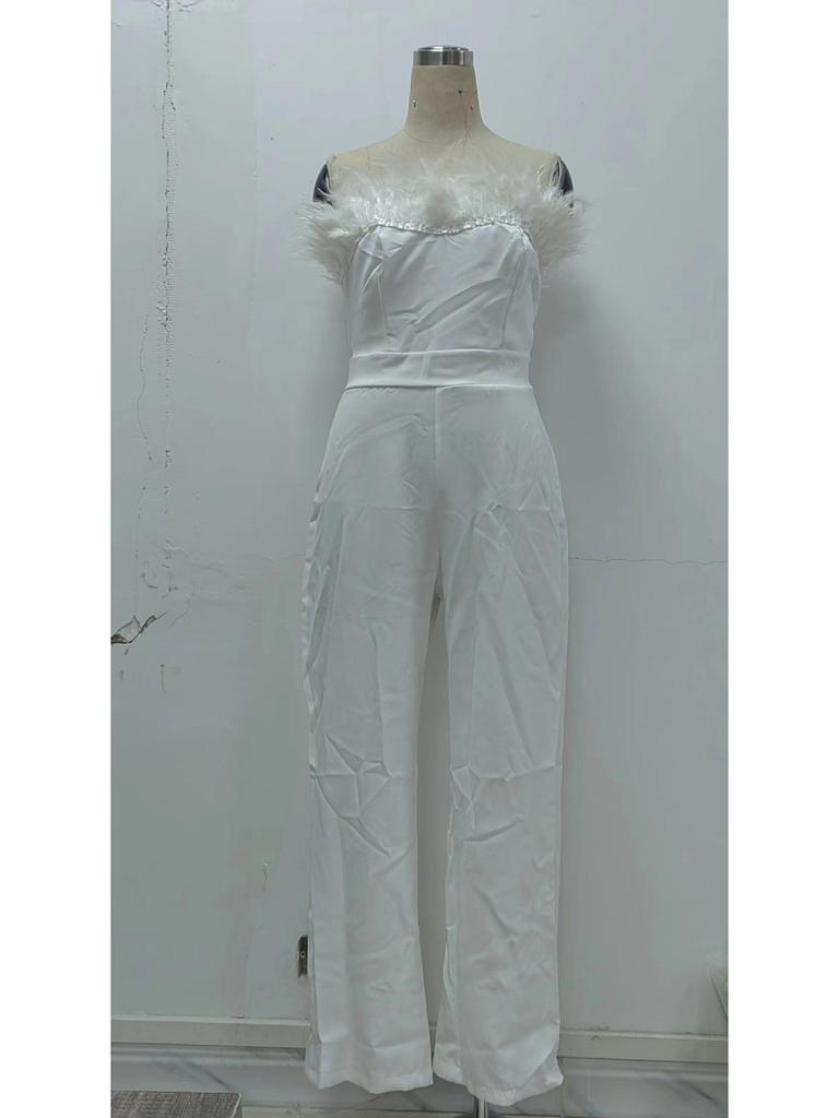 2025 Spring/Summer European & American Women's Feather Bandeau One-Shoulder Backless Jumpsuit