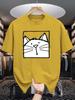 Unisex Black Tee Line Art Cat Square Sketch Cartoon Graphic Print Crew Neck Short Sleeve Summer Casual Male Cotton Street Top