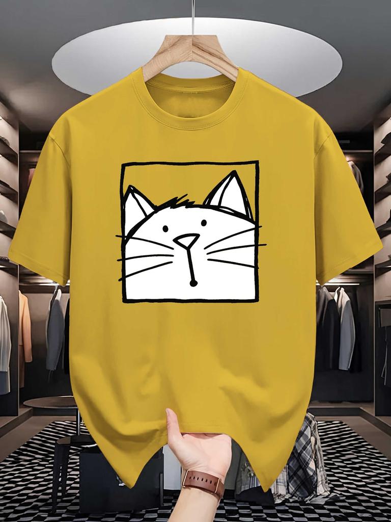 Unisex Black Tee Line Art Cat Square Sketch Cartoon Graphic Print Crew Neck Short Sleeve Summer Casual Male Cotton Street Top