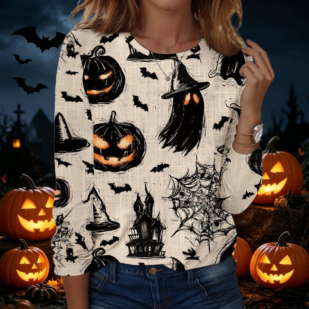 Women's Long Sleeve Casual Halloween Print Pullover Sweatshirt Round Neck Comfortable Fit Seasonal Top for Autumn Winter