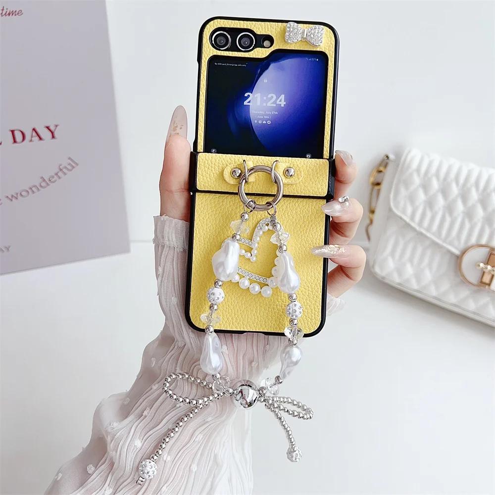 Bow Bead Wrist Strap Phone Case for Samsung Galaxy Z Flip 6 5 4 3 Flip5 Flip4 Flip3 5G Hard Leather Shockproof Protective Cover