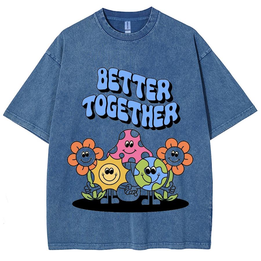 Flowers Print Women's T-Shirt Washed Fabric Oversized High Quality Half Sleeve Casual Design Cute Style Top Student Tees