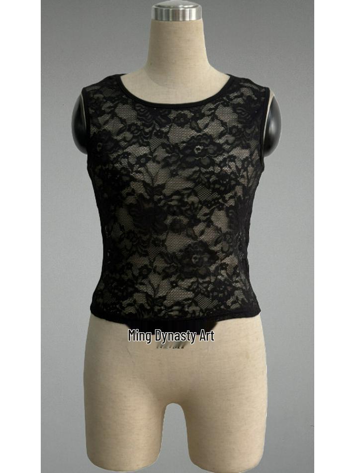 Frühlings-Französische Spitze Ärmelloses Slim-Fit Netzoberteil